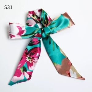 Floral Satin Hair Bow Clip in Teal & Pink
